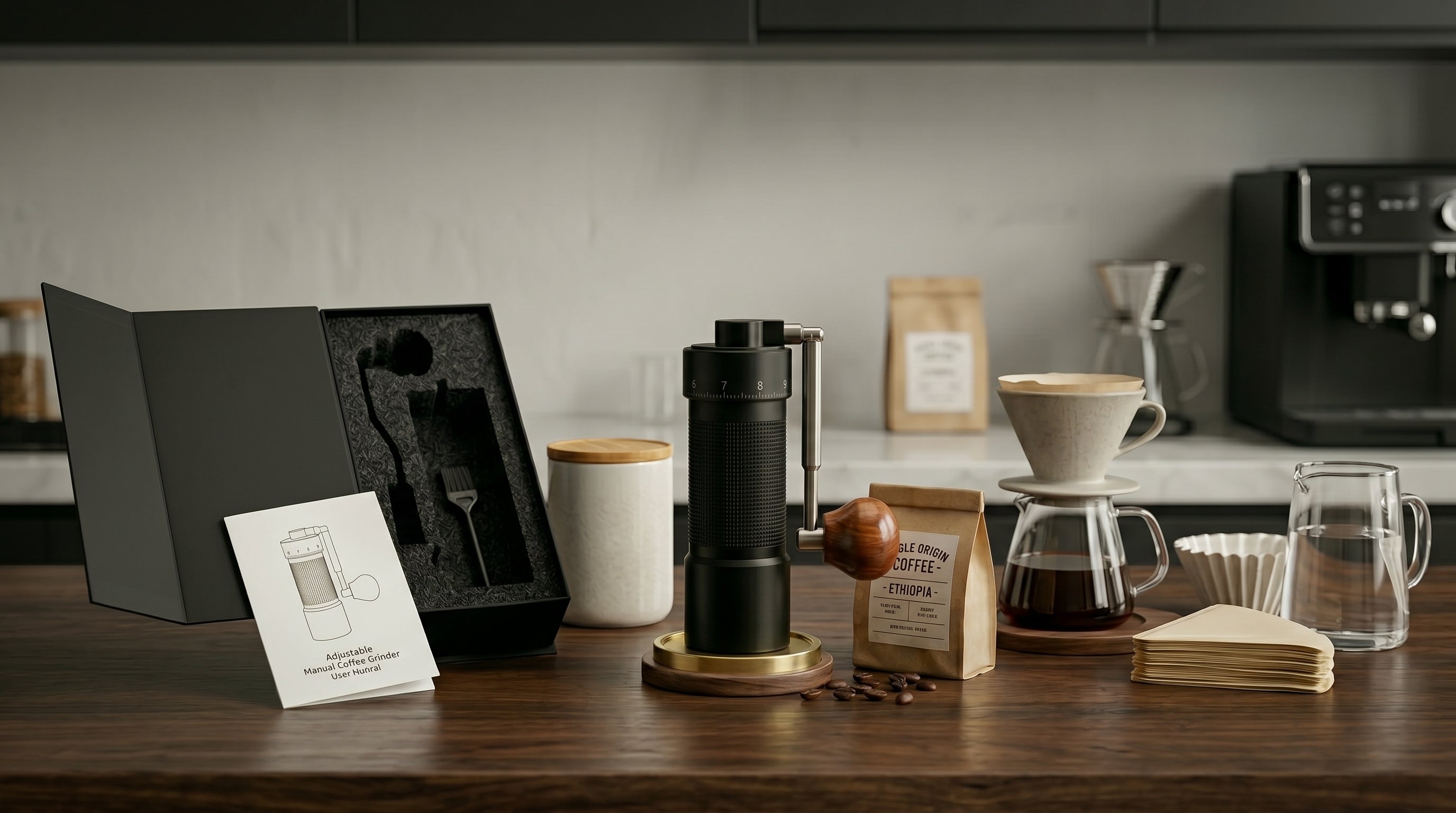 A matte black adjustable manual coffee grinder with a wooden handle centered on a dark wooden kitchen countertop, displayed alongside its premium packaging box, a single-origin coffee bag, a ceramic dripper with a server, and white paper filters under soft modern kitchen lighting.