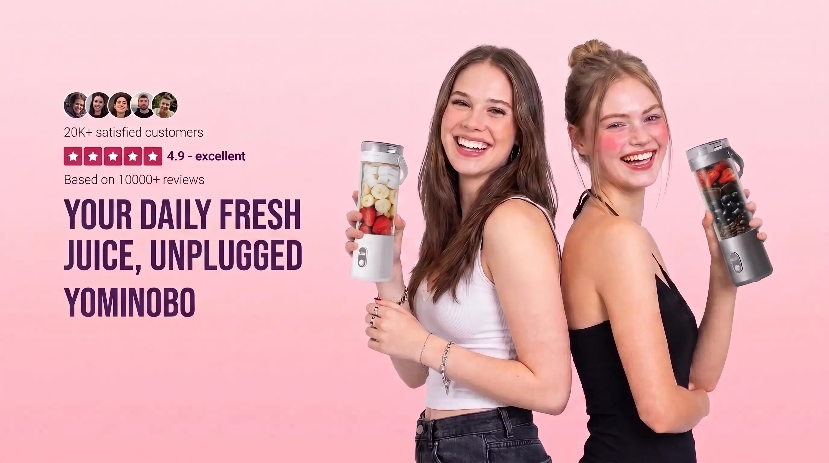 Two women holding YomiNobo portable juice blenders on pink background