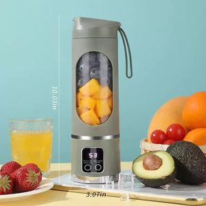 YomiNobo Portable Blender green with mango chunks inside showing size dimensions