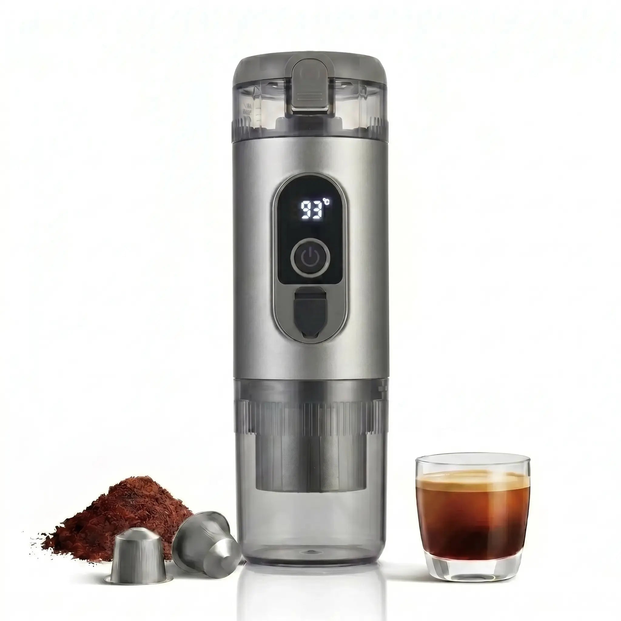 YomiNobo 20 Bar Portable Espresso Maker – gray with coffee capsules and espresso cup