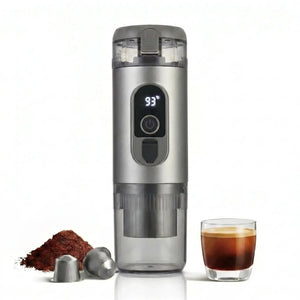 YomiNobo 20 Bar Portable Espresso Maker – gray with coffee capsules and espresso cup