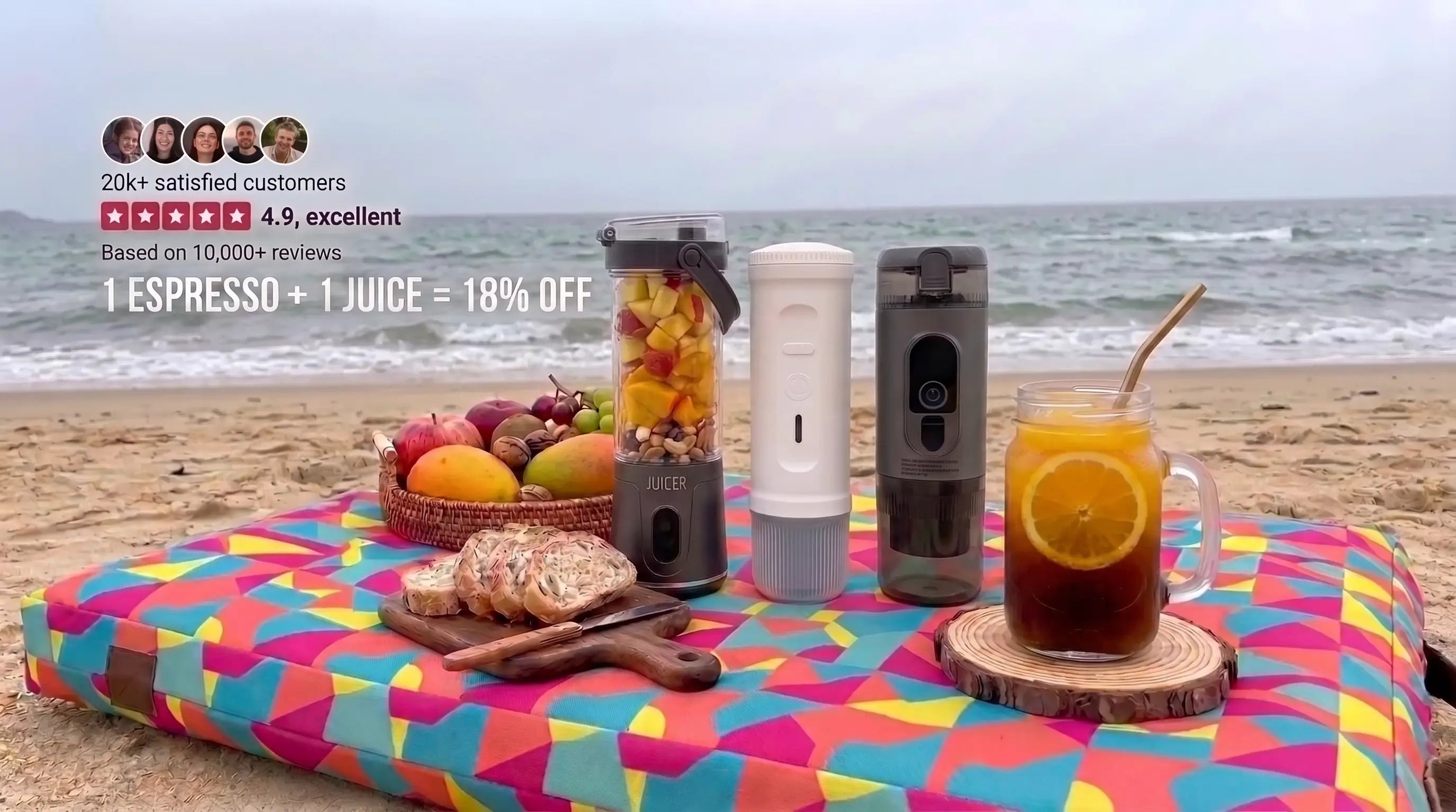 YomiNobo portable juice blender and espresso maker on beach picnic blanket