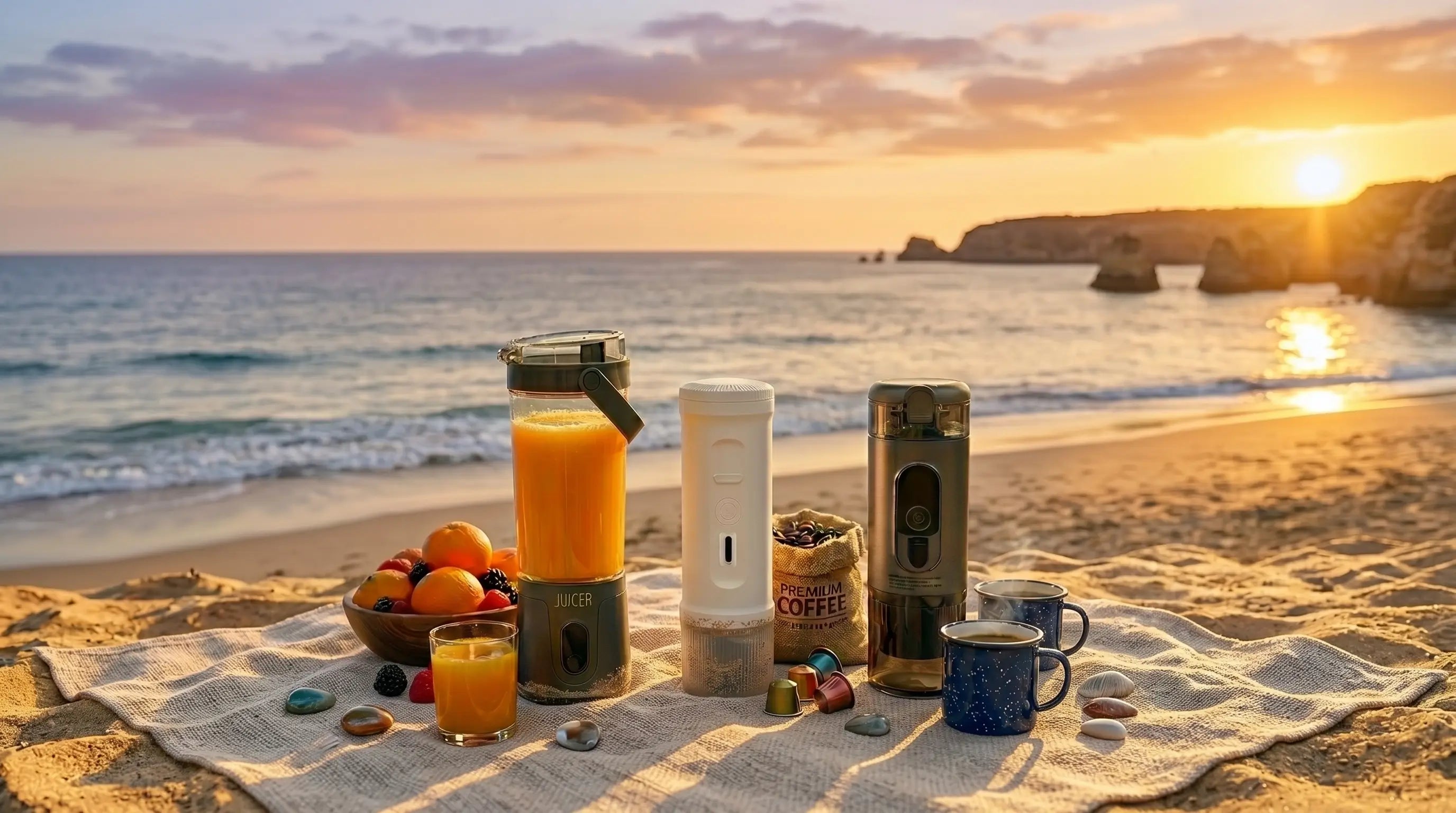 YomiNobo summer collection — portable espresso machine, fresh juice blender 600ml, and manual coffee grinder outdoors