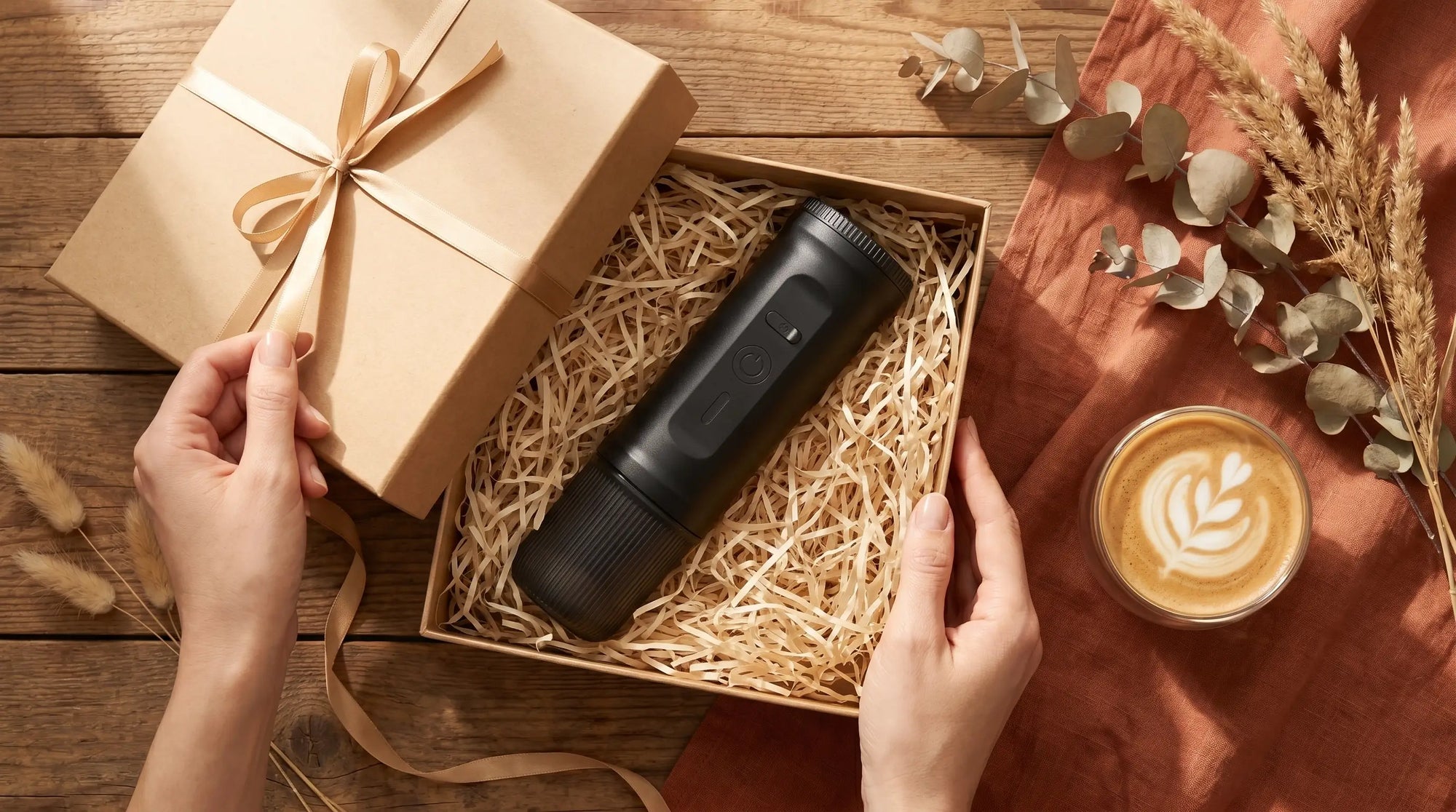 Discover the best espresso machine for your lifestyle: An active black travel espresso maker extracting rich espresso on a table with an antique map and books, symbolizing the perfect brew for travel and home office, plus a flute-textured coffee glass and citrus accents.