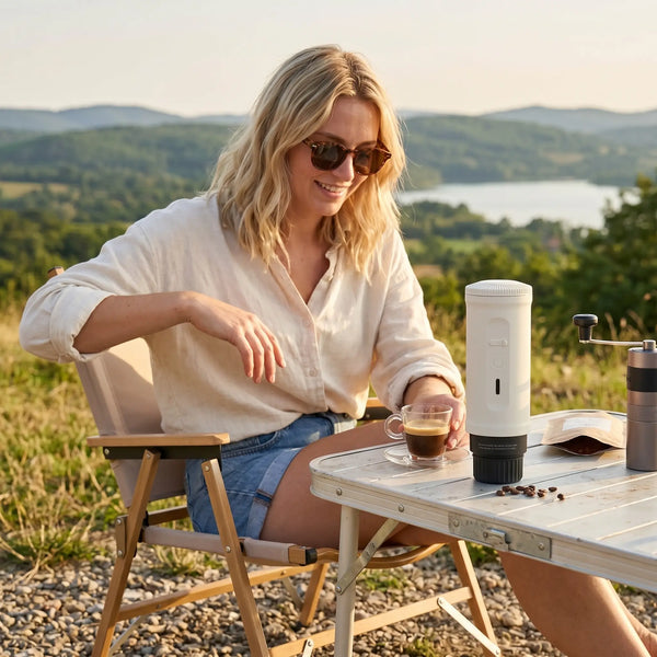 Woman using YomiNobo portable espresso machine outdoors in nature