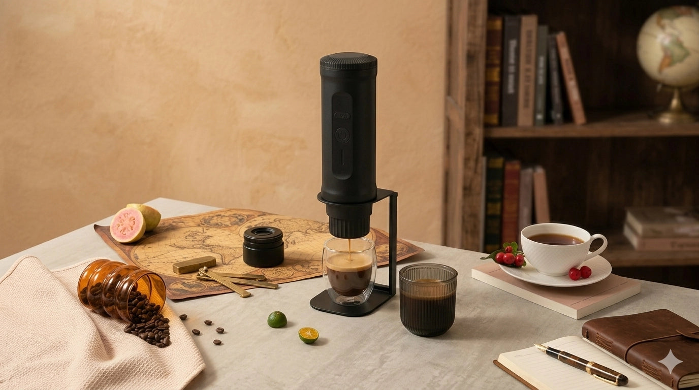 Discover the best espresso machine for your lifestyle: An active black travel espresso maker extracting rich espresso on a table with an antique map and books, symbolizing the perfect brew for travel and home office, plus a flute-textured coffee glass and citrus accents.
