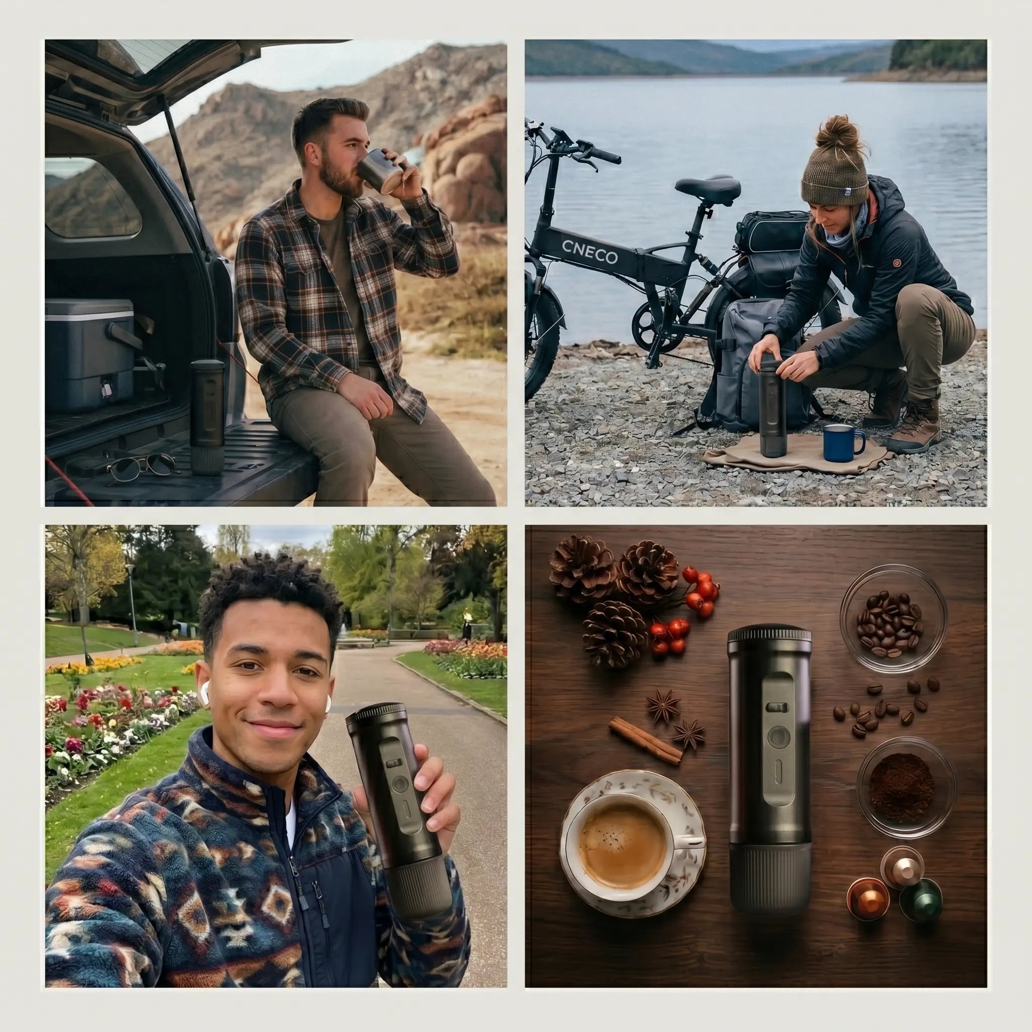 Four-panel lifestyle collage of YomiNobo portable espresso maker in matte black and white, featuring outdoor camping, cycling trip, and cozy home coffee moments.