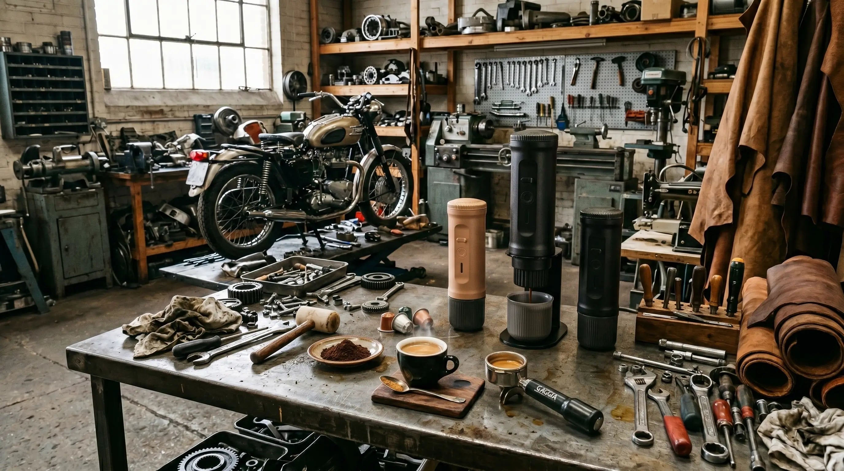 3-in-1 portable espresso maker on a metal workbench in a motorcycle garage with industrial tools.