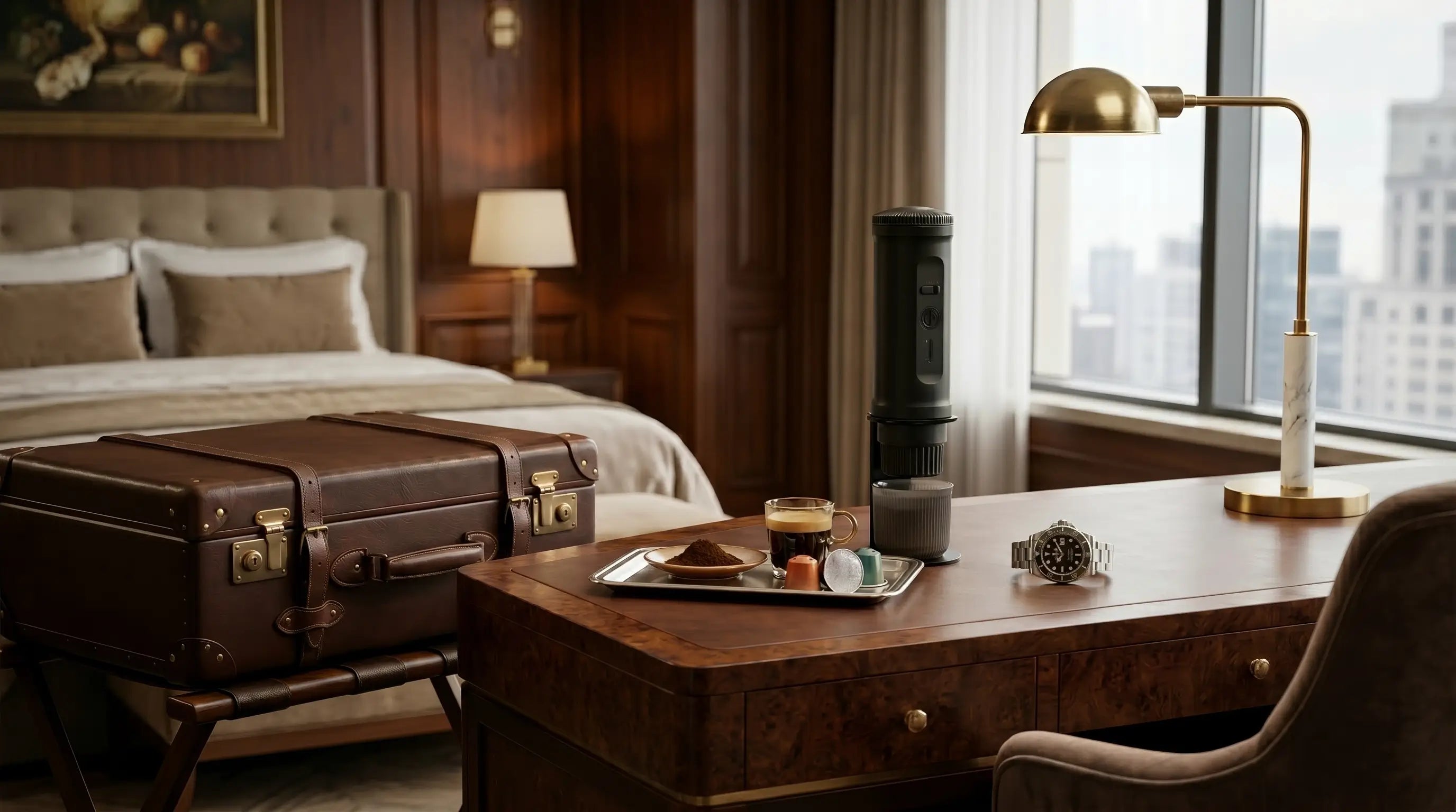 Matte black portable espresso machine on a luxury wooden desk in a hotel room with a vintage suitcase.