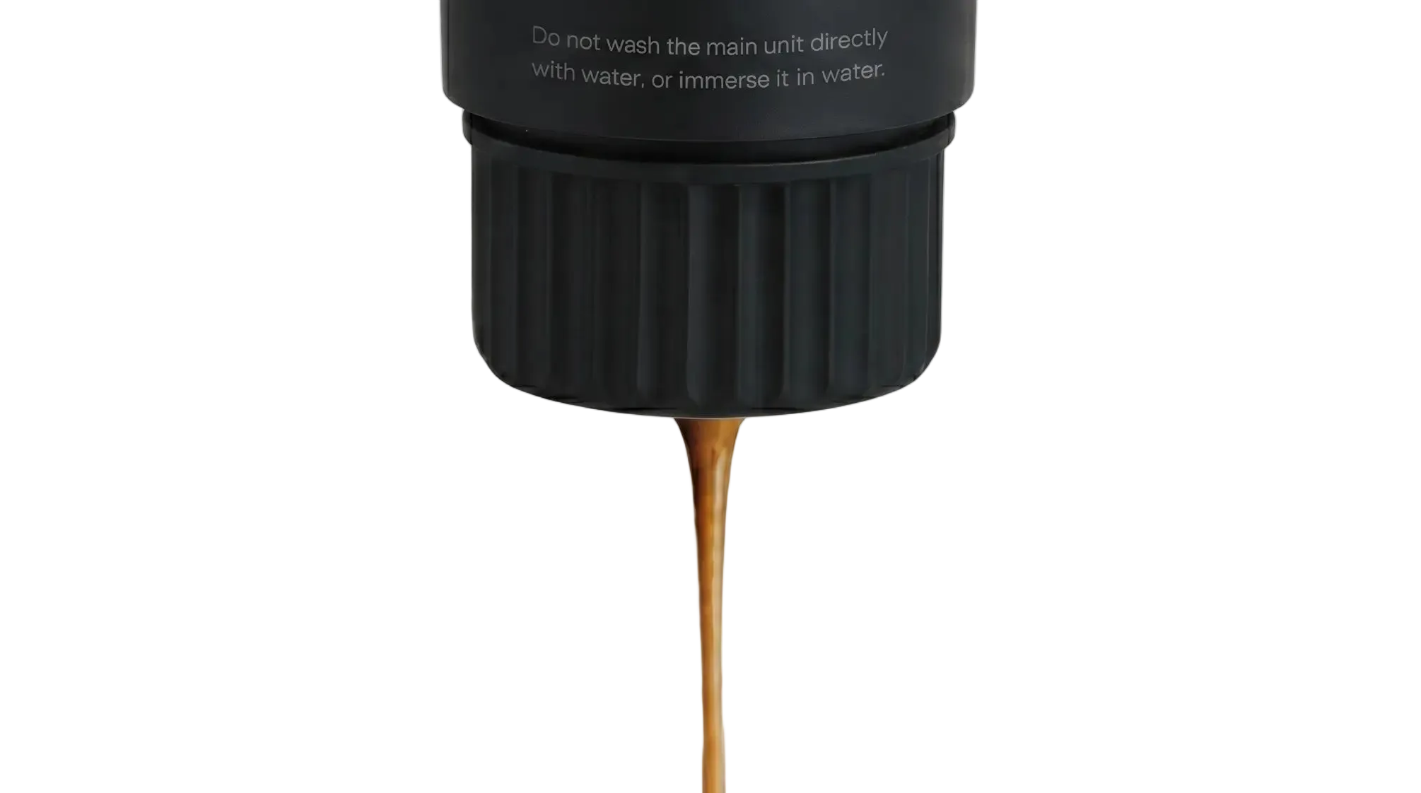 Portable self-heating espresso machine extracting fresh coffee, matte black textured finish, high-definition studio product photography.