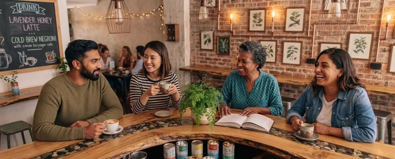 A group of diverse people enjoying a coffee break in a modern rustic cafe, highlighting the community aspect of using a YomiNobo espresso machine portable for professional-grade flavor anywhere.