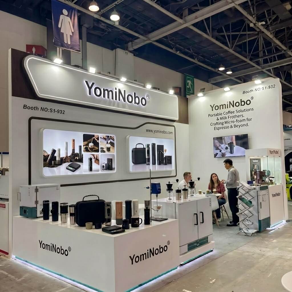 YomiNobo exhibition stand with full product range including espresso machines and accessories