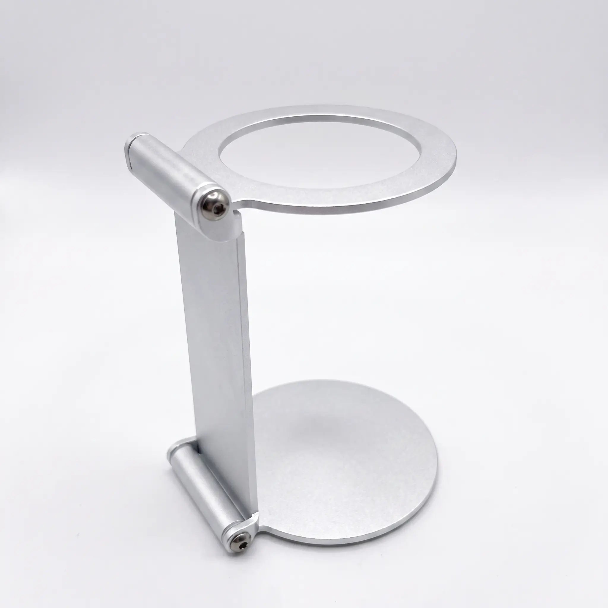 YomiNobo foldable espresso machine stand front view, silver aluminum