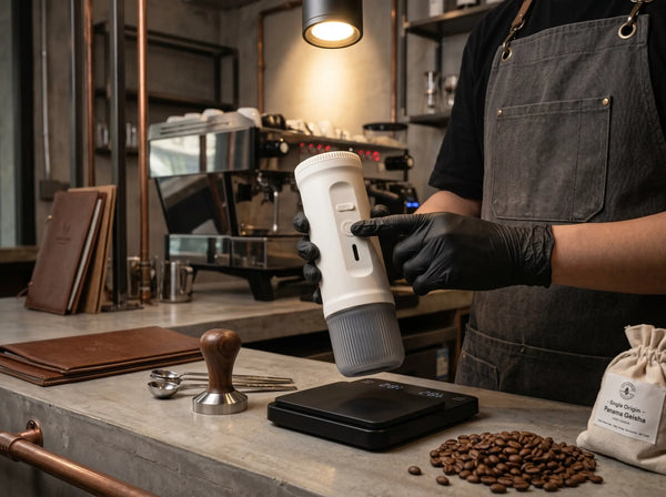 Close-up shot of the YomiNobo portable espresso machine in matte black, with its textured non-slip ribbing, held by a person with the bottom portafilter cap removed, revealing the extraction mechanism.