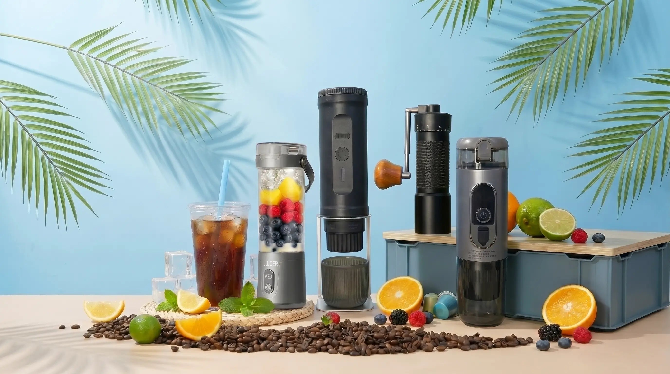 YomiNobo summer collection — portable espresso machine, manual coffee grinder, fresh juice blender, and travel coffee maker