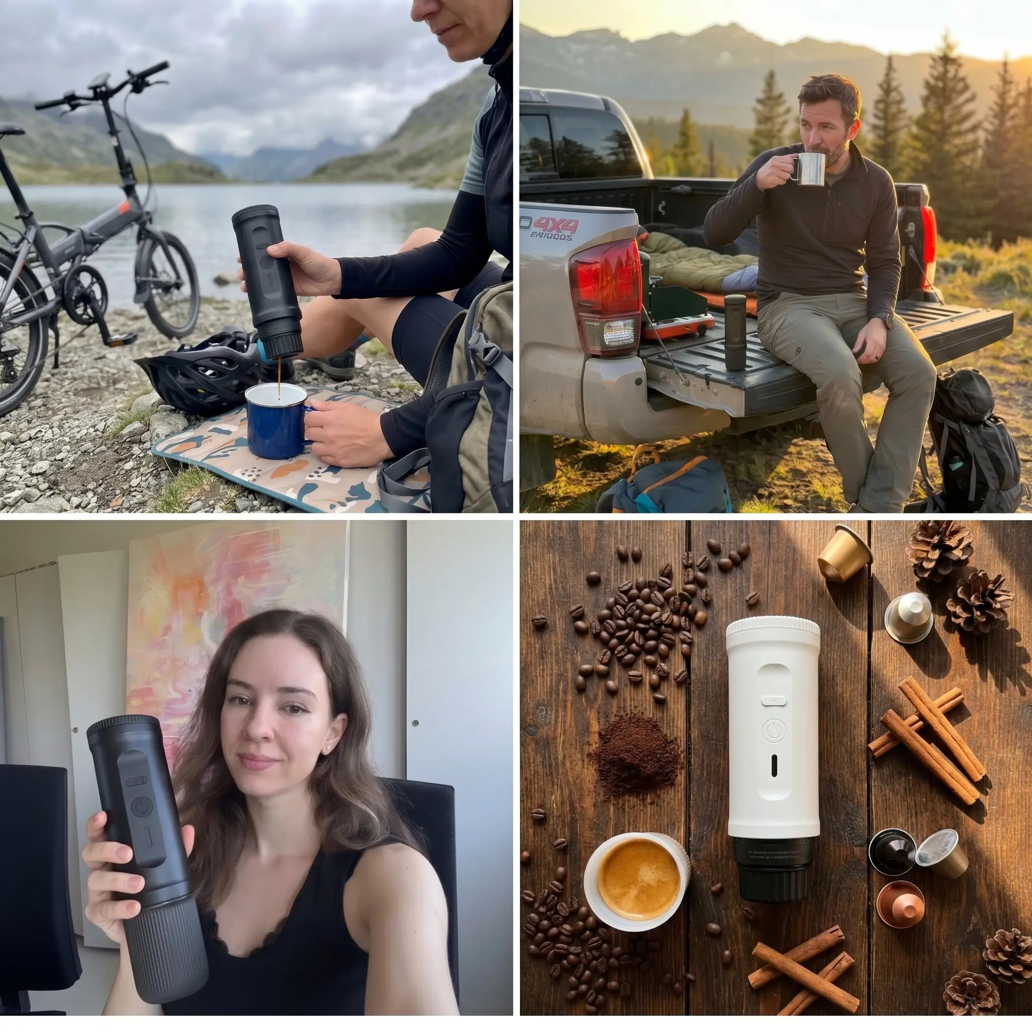 Four-panel lifestyle collage of YomiNobo portable espresso maker in matte black and white, featuring outdoor camping, cycling trip, and cozy home coffee moments.