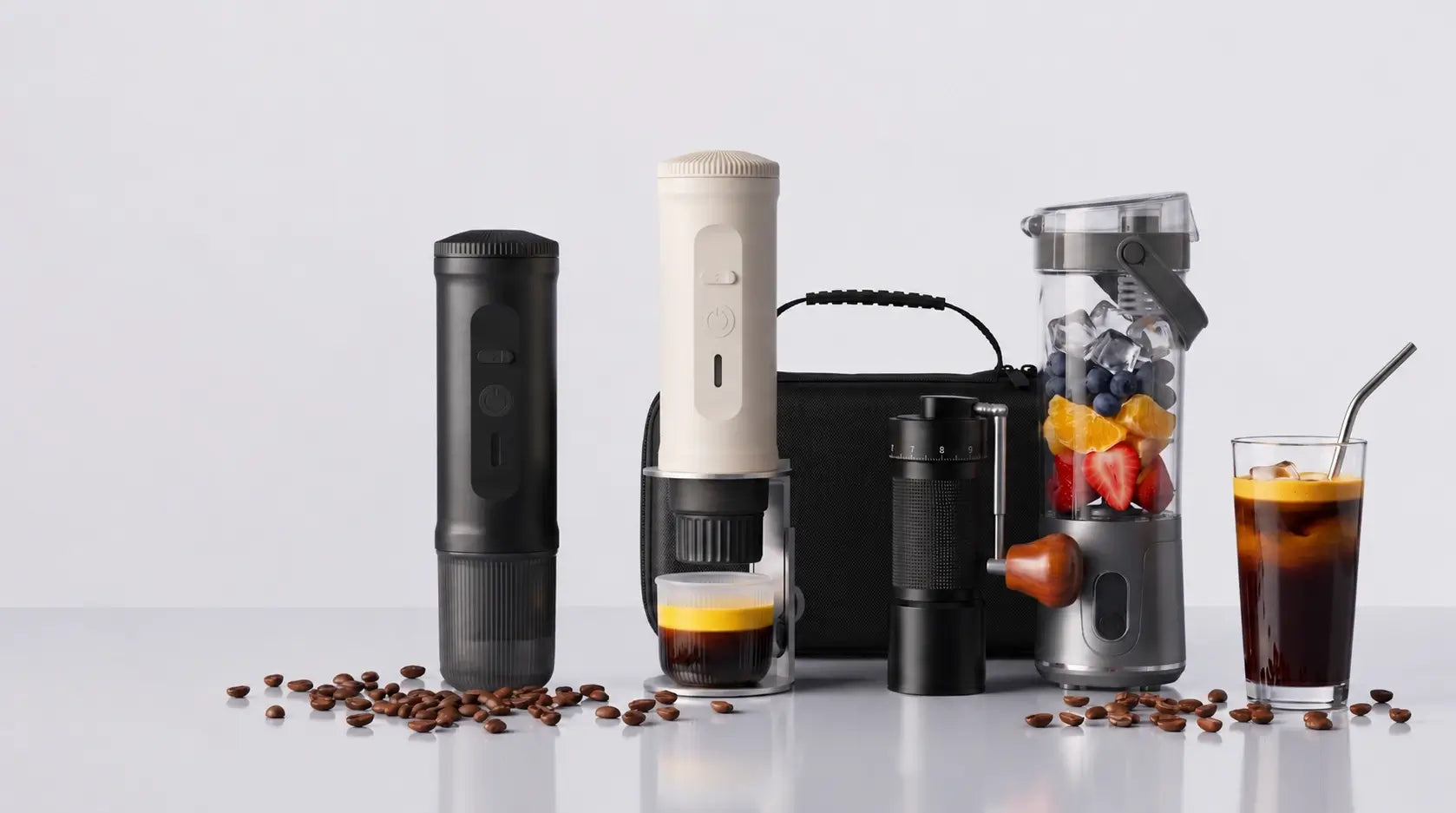 YomiNobo portable espresso machines in black and white, showcasing cordless brewing capability — no outlet needed