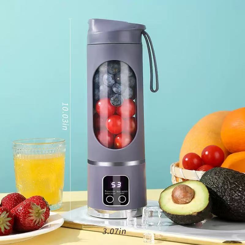 YomiNobo Portable Blender purple with blueberries and tomatoes inside showing size dimensions