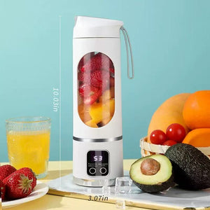 YomiNobo Portable Blender white with strawberries and mixed fruit inside showing size dimensions