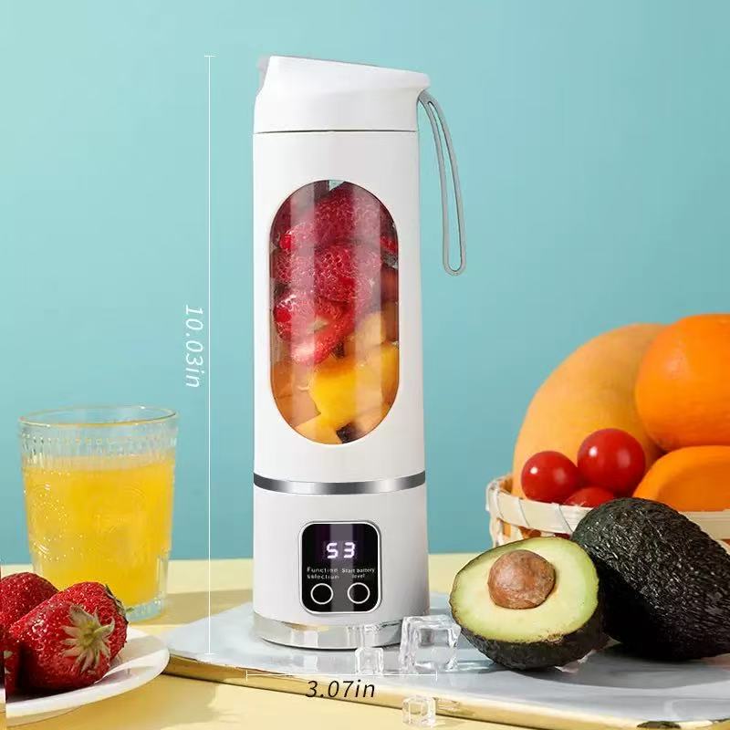 YomiNobo Portable Blender white with strawberries and mixed fruit inside showing size dimensions