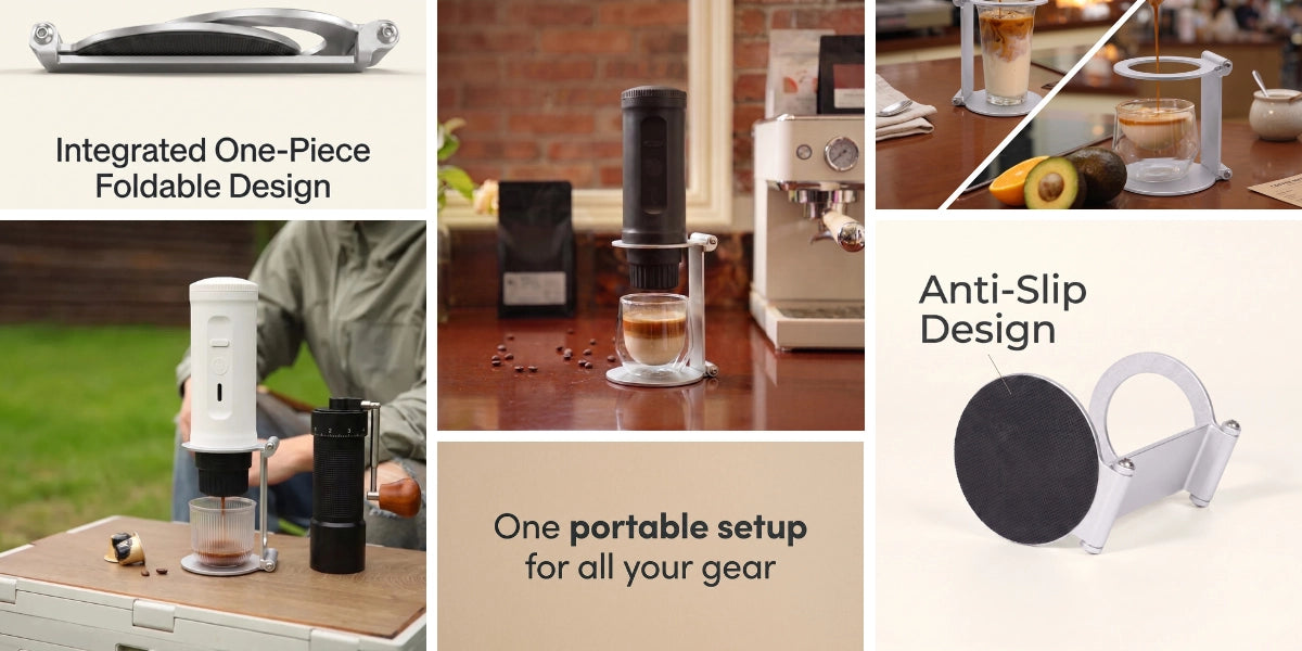 YomiNobo foldable espresso machine stand feature overview — portable setup, anti-slip design, and one-piece folding for travel