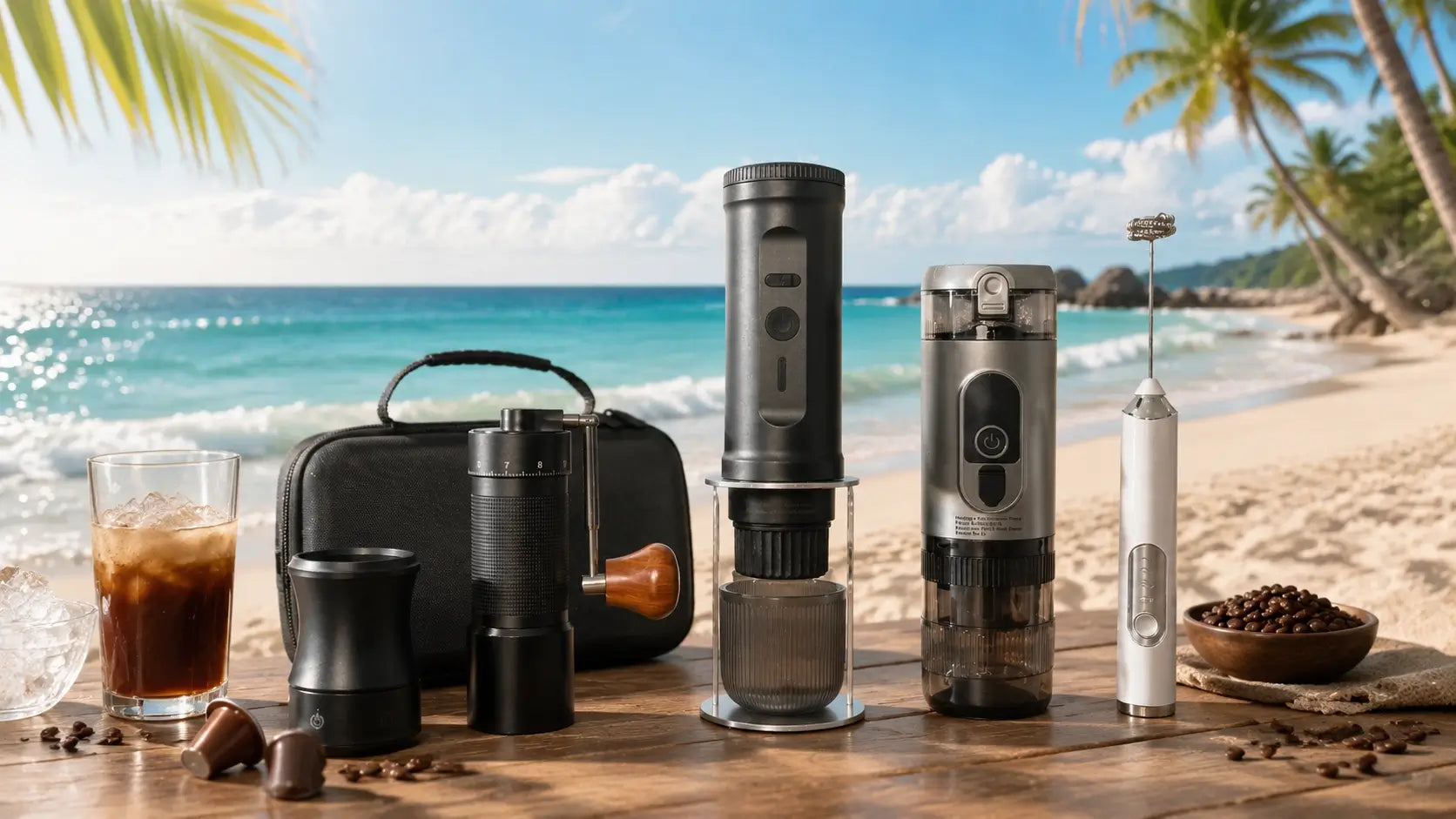 YomiNobo portable espresso machine and coffee accessories set - beach lifestyle