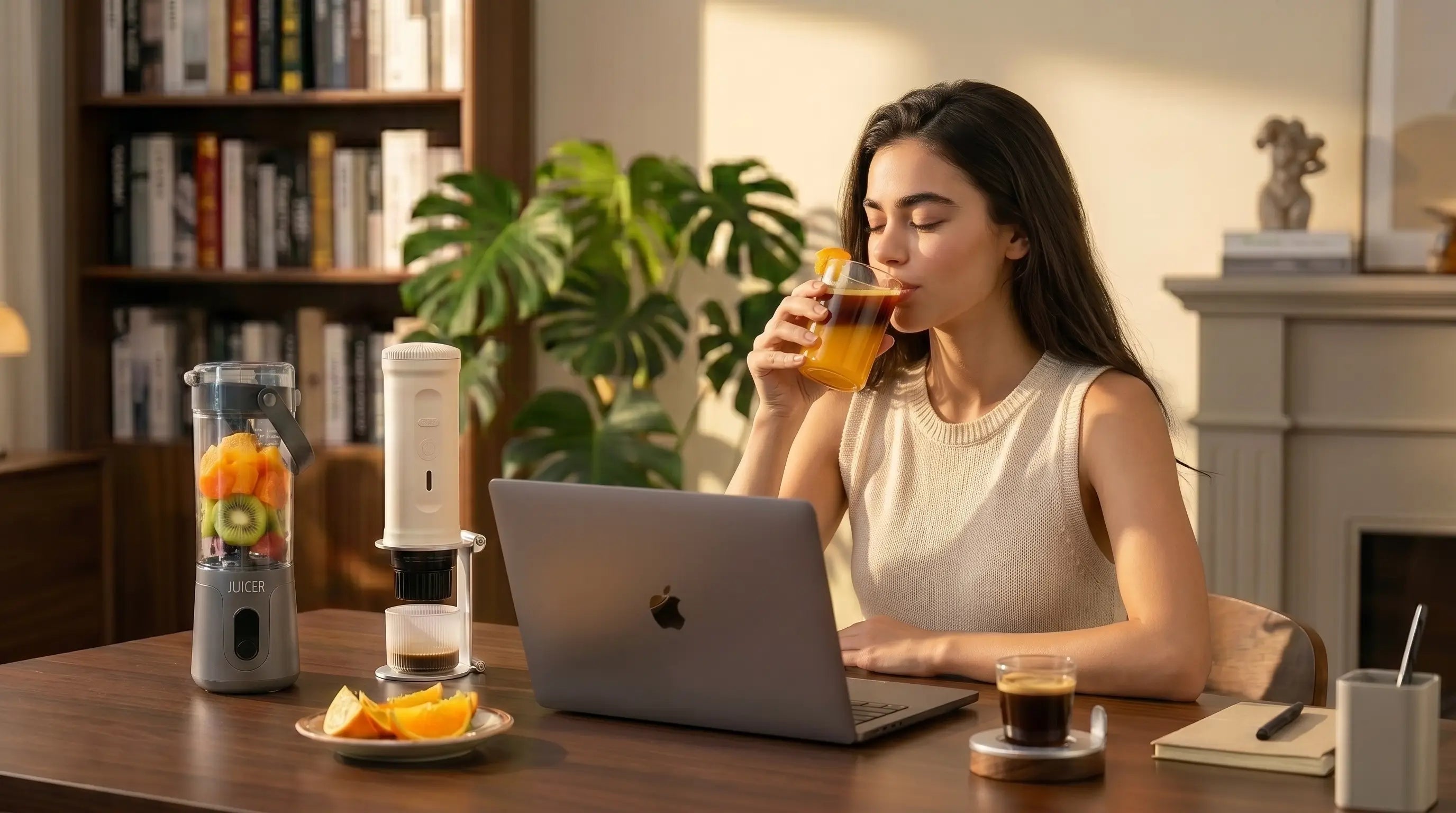 Woman drinking fresh juice at home with YomiNobo portable juice blender and espresso machine on the desk