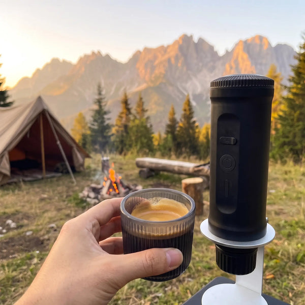 YomiNobo portable espresso machine brewing espresso at a mountain campsite